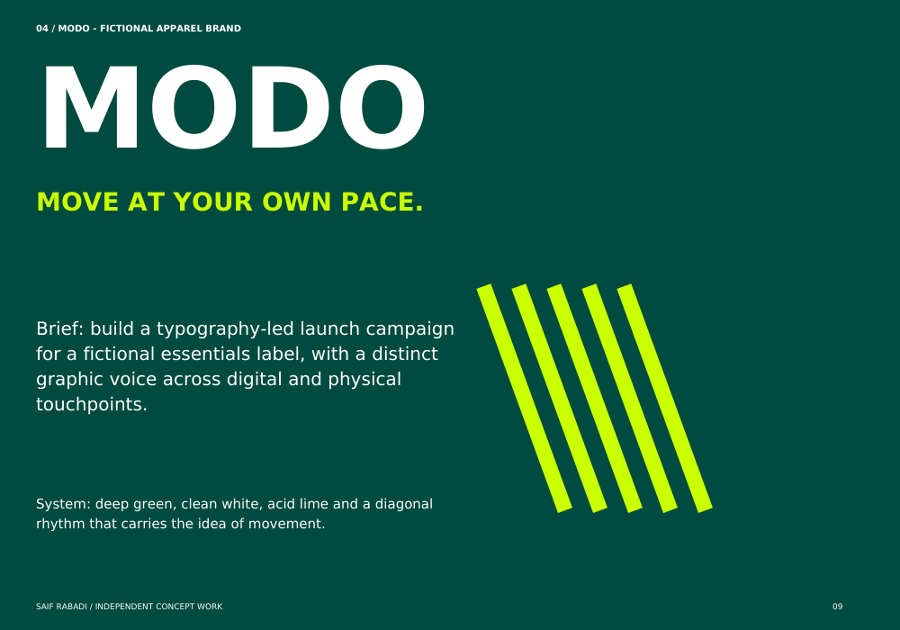 MODO identity concept with green and lime typography and a diagonal motif