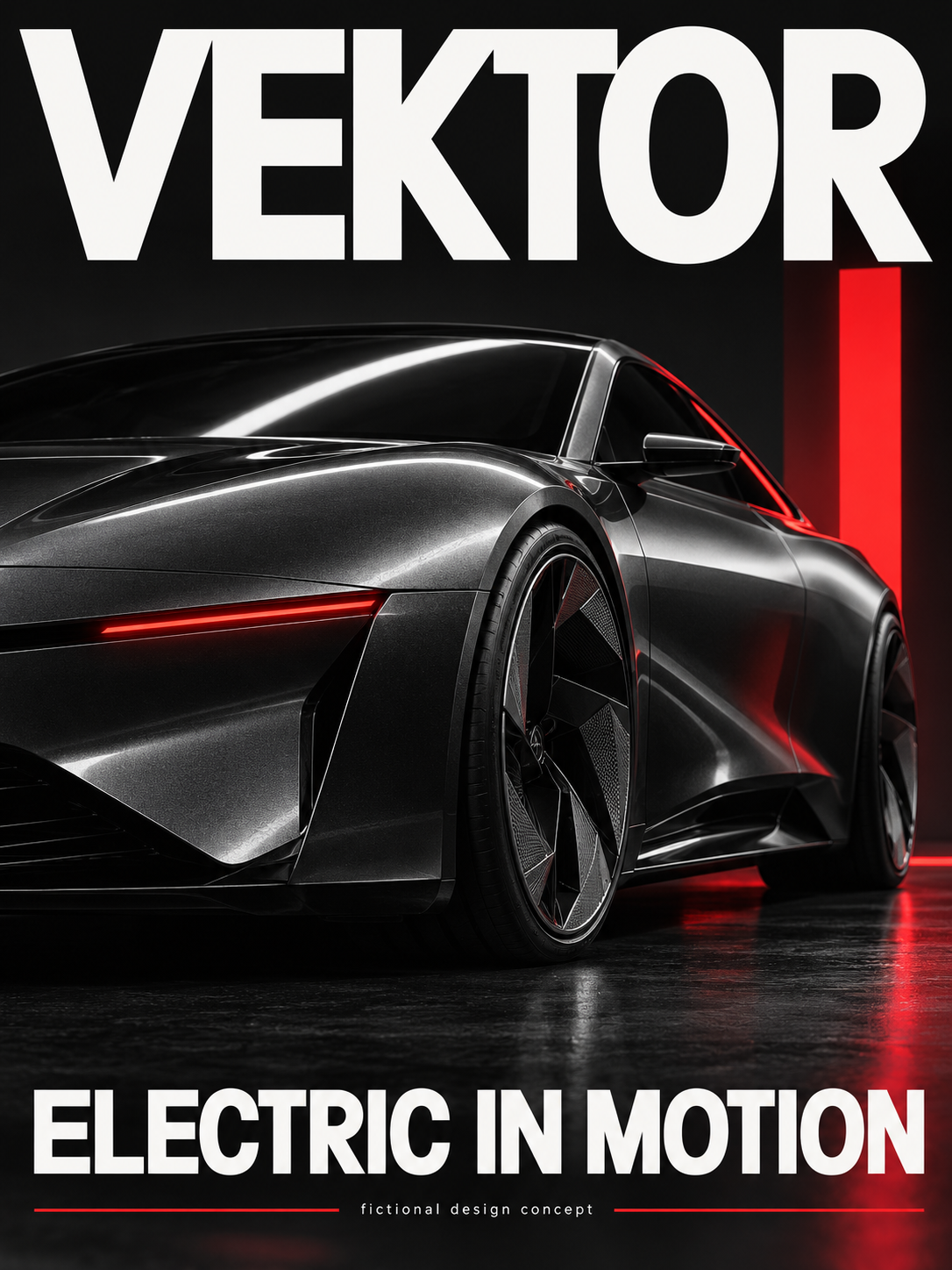VEKTOR fictional electric coupe campaign poster with dramatic graphite imagery, red light and oversized typography