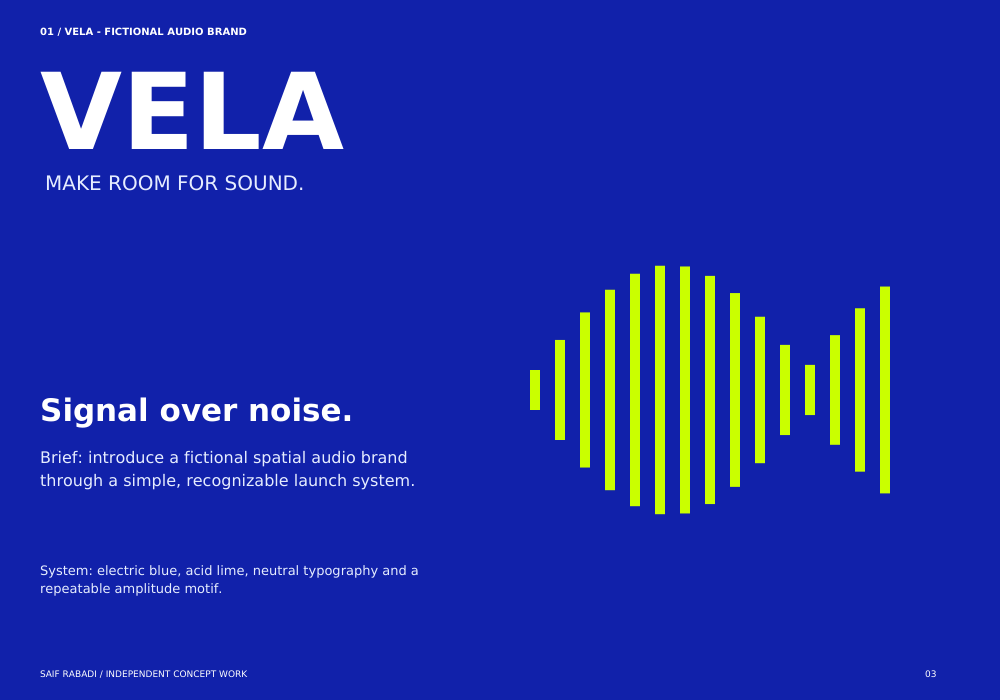 VELA audio identity in electric blue and lime with a graphic amplitude motif