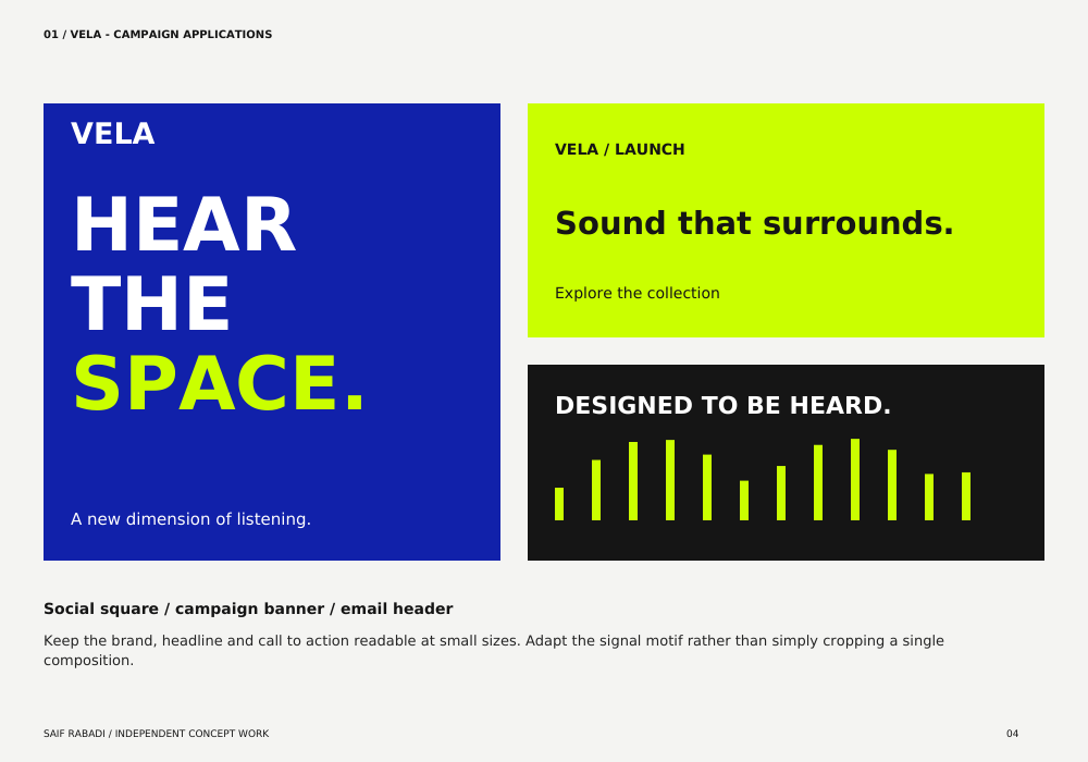 VELA concept adapted across a social square, campaign banner and email header